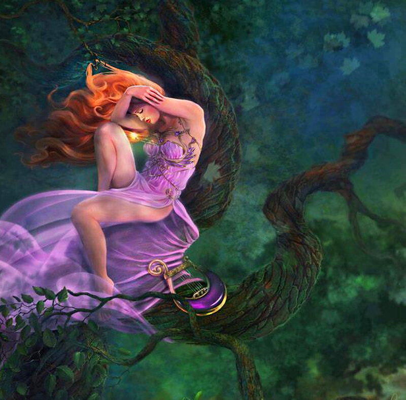 Woman in Purple Dress — Serene, Night, Digital Art, Tree