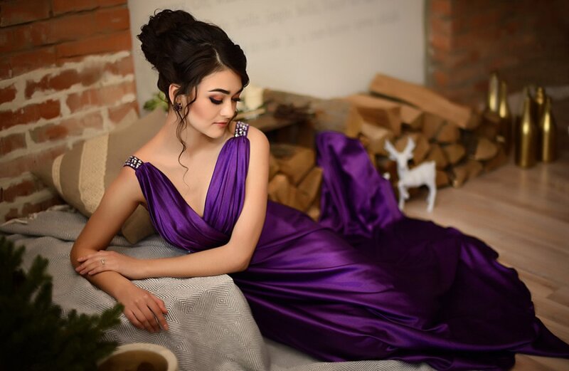 Woman in Purple Dress — Serene, Photograph, Brick Wall