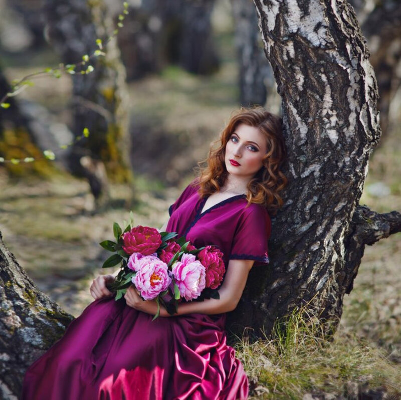 Woman in Purple Dress — Serene, Spring, Photograph, Flowers, Tree, Forest