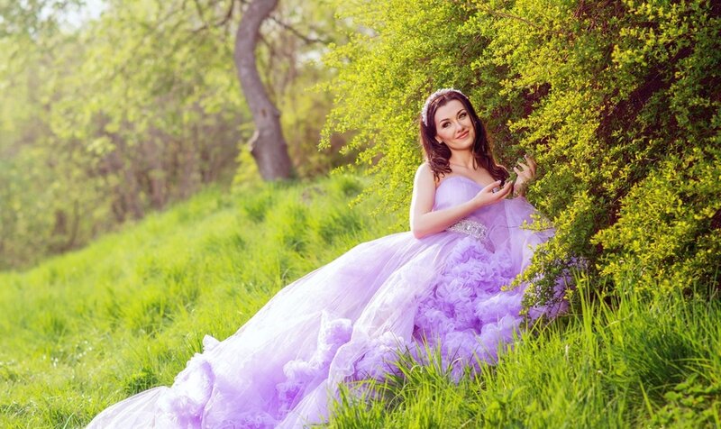 Woman in Purple Dress — Serene, Spring, Photograph, Grass, Bush