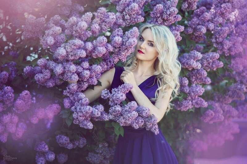 Woman in Purple Dress — Serene, Spring, Photograph, Lilac Flowers, Blonde Hair