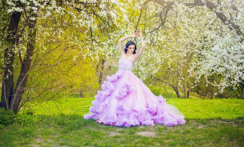 Woman in Purple Dress — Serene, Spring, Photograph, Trees