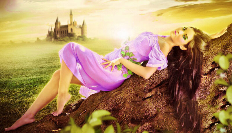 Woman in Purple Dress — Serene, Sunset, Digital Art, Castle, Tree Root