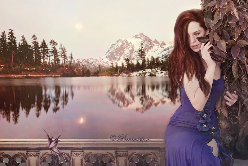 Woman in Purple Dress — Serene, Sunset, Digital Art, Mountain