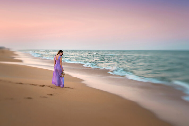 Woman in Purple Dress — Serene, Sunset, Photograph