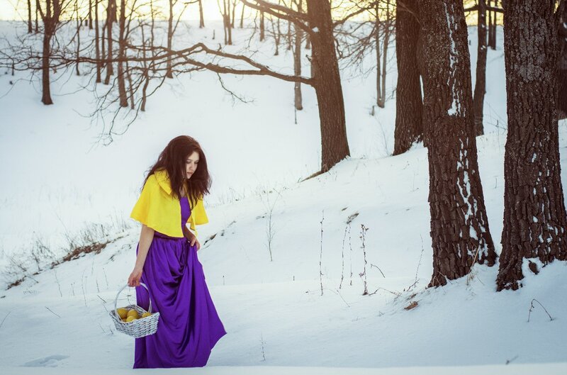 Woman in Purple Dress — Serene, Winter, Photograph, Basket