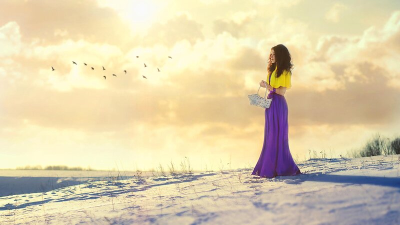 Woman in Purple Dress — Serene, Winter, Photograph, Snow