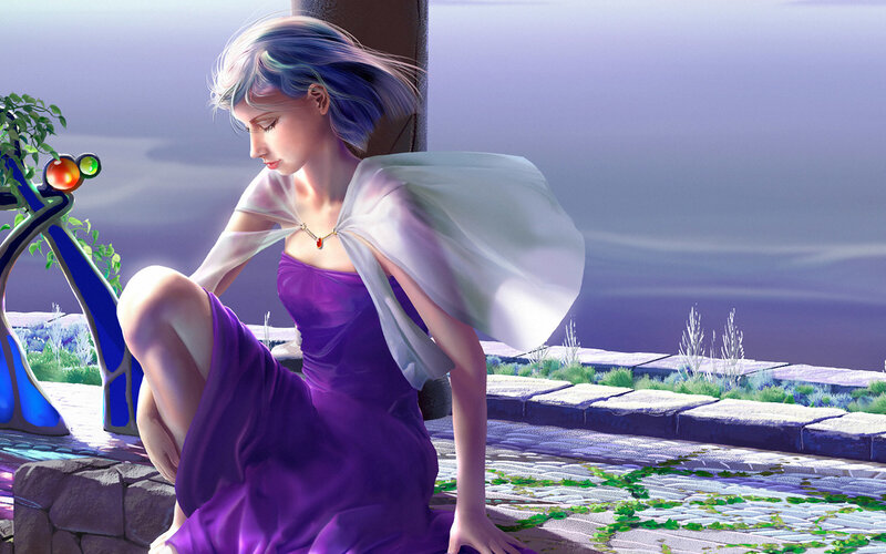 woman in purple dress sitting