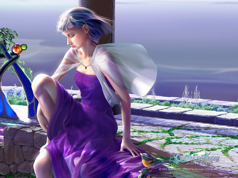 Woman in purple dress with birds
