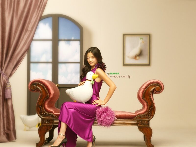 Woman in purple dress with duck