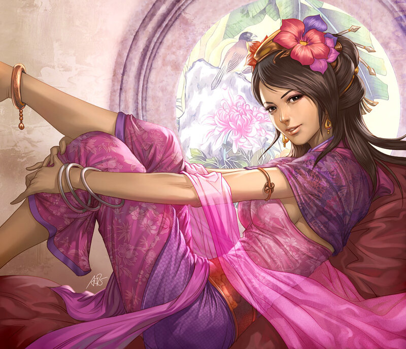 woman in purple dress with flower