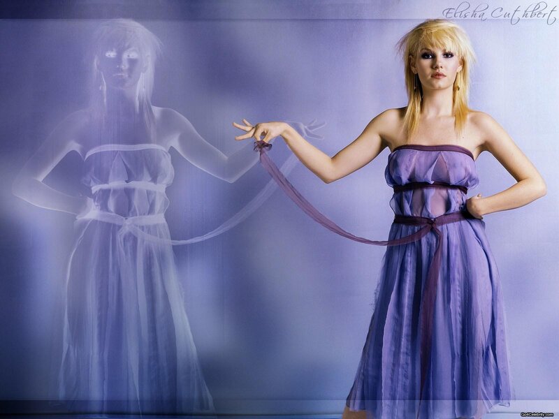woman in purple dress with ghostly figure