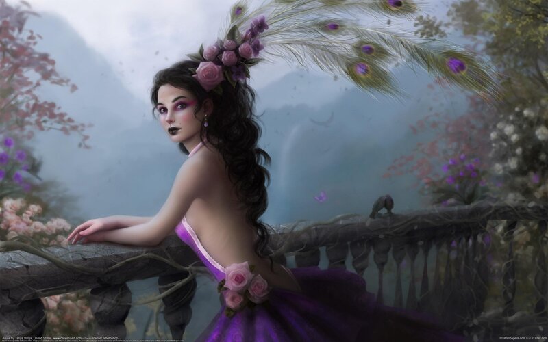 woman in purple dress with peacock feathers