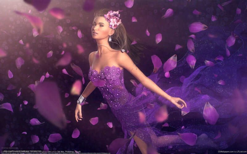 woman in purple dress with petals