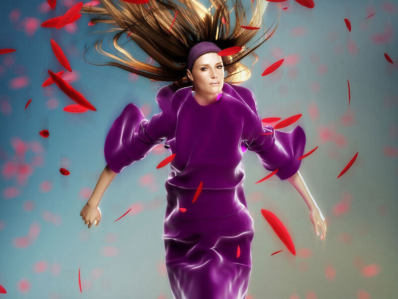 woman in purple dress with red petals