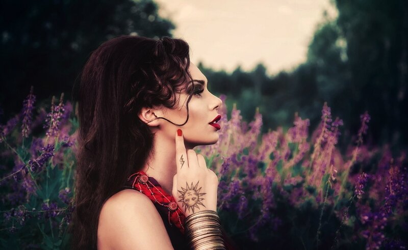 Woman in Purple Field — Dramatic, Sunset, Photograph
