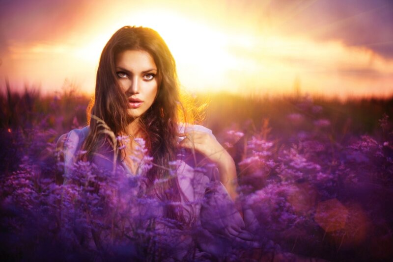 Woman in Purple Field — Dramatic, Sunset