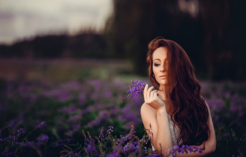 Woman in Purple Field — Serene, Sunset