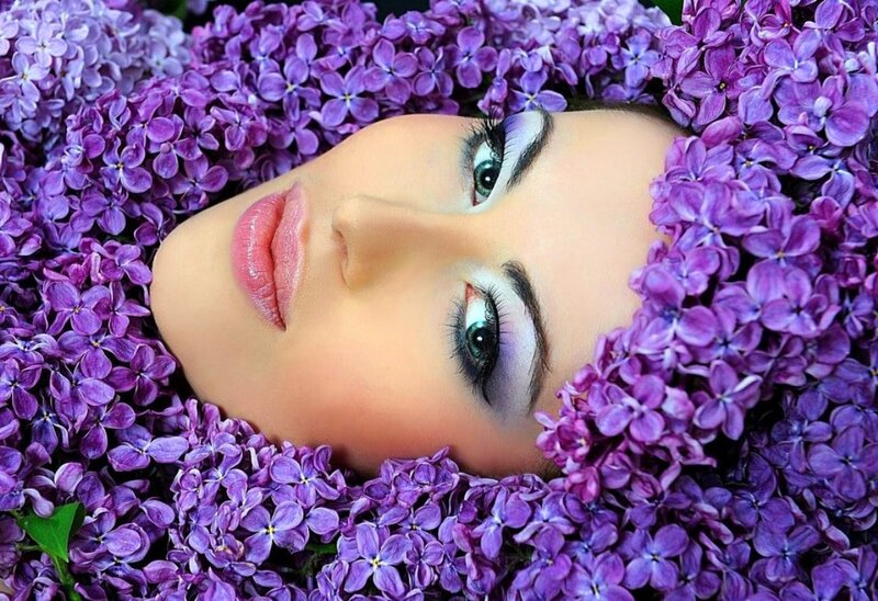 Woman in Purple Flowers — Serene, Photograph, Makeup
