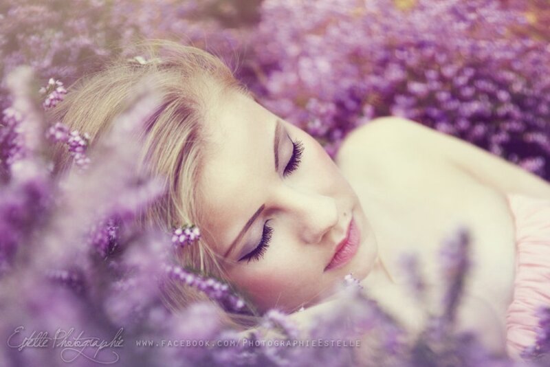 Woman in Purple Flowers — Serene, Spring, Photograph, Blonde Hair