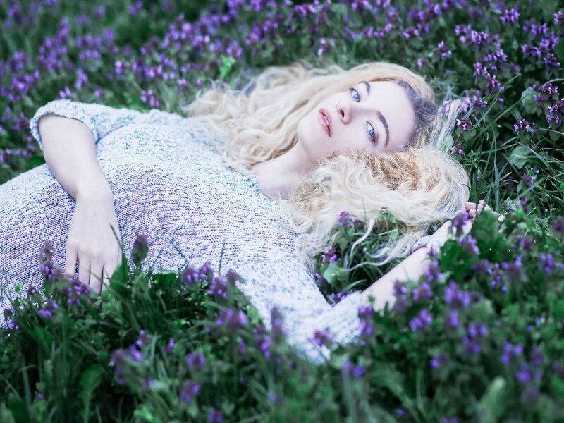 Woman in Purple Flowers — Serene, Spring, Photograph, Grass