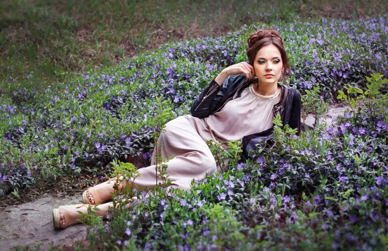 Woman in Purple Flowers — Serene, Spring