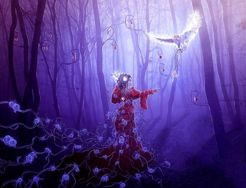Woman in Purple Forest — Mystical, Night, Digital Art