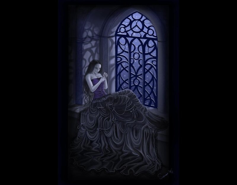 woman in purple gown by window