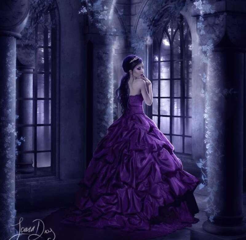 Woman in Purple Gown — Dramatic, Night, Digital Art, Castle, Window