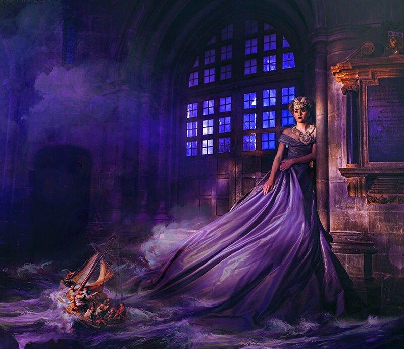 Woman in Purple Gown — Dramatic, Night, Digital Art, Sailboat