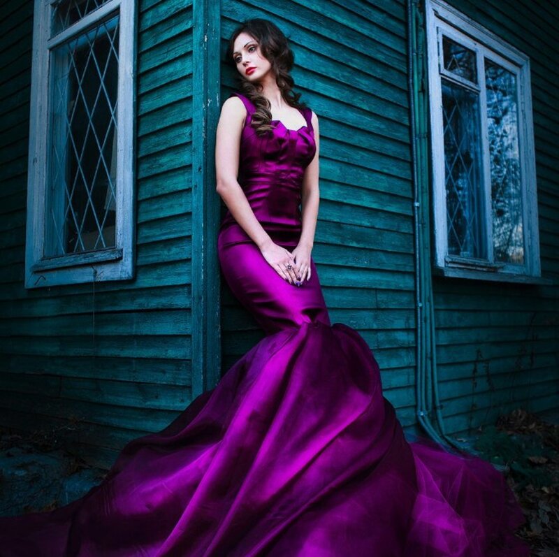 Woman in Purple Gown — Dramatic, Photograph, Building