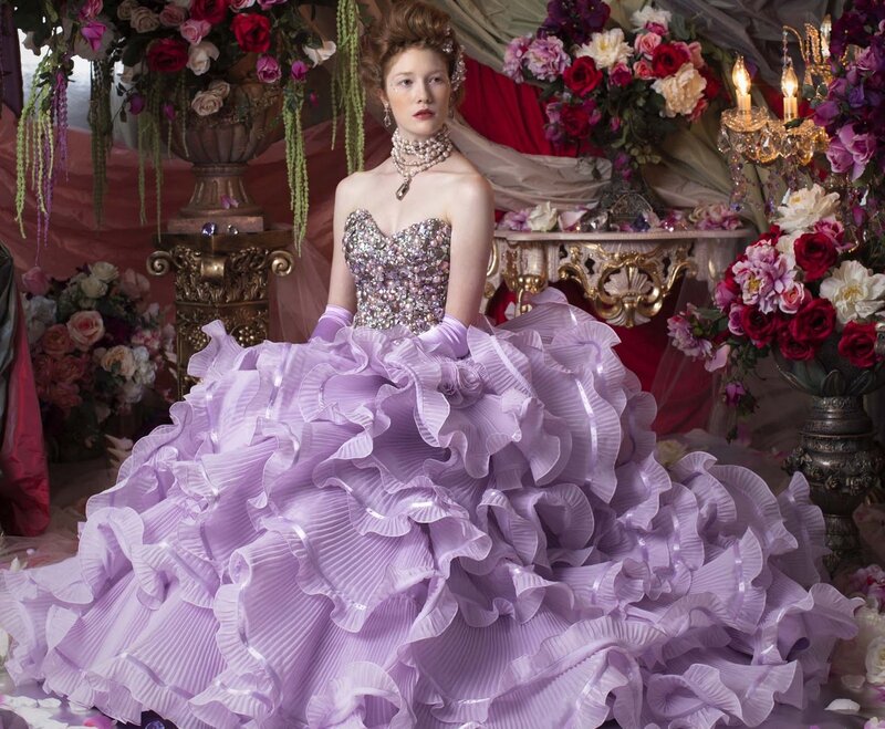 Woman in Purple Gown — Dramatic, Photograph, Flowers