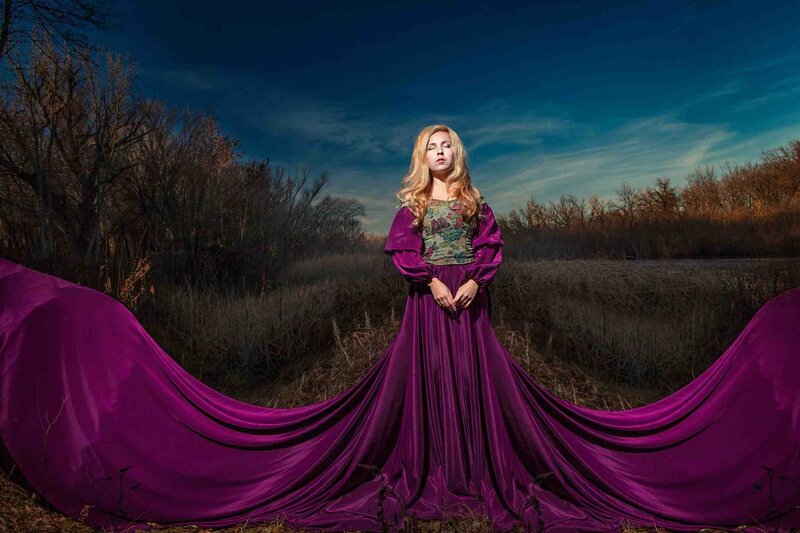 Woman in Purple Gown — Dramatic, Sunset