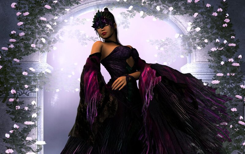 woman in purple gown under floral arch
