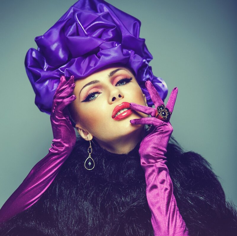 Woman in Purple Hat — Dramatic, Photograph, Gloves, Makeup