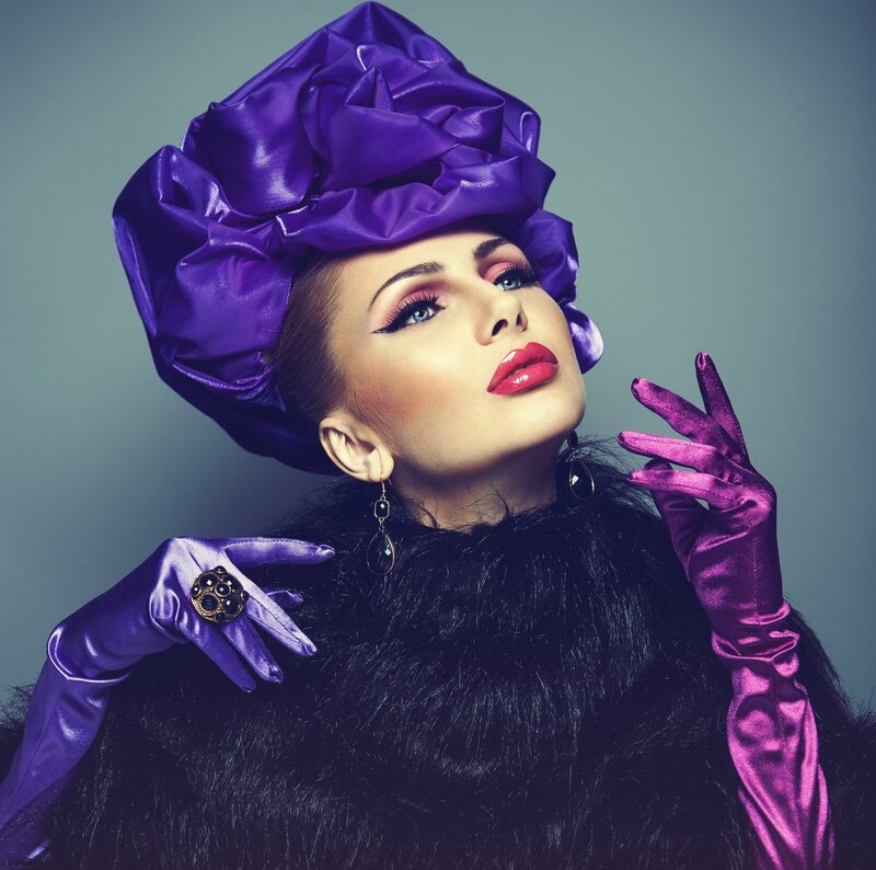 Woman in Purple Hat — Dramatic, Photograph, Gloves