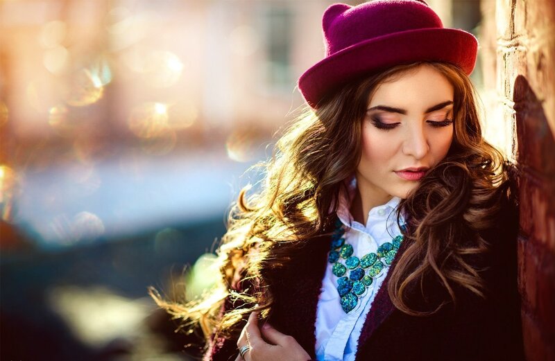 Woman in Purple Hat — Dramatic, Sunset, Photograph