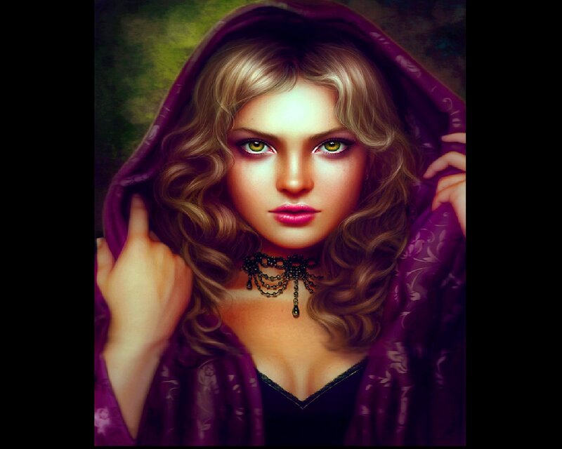 Woman in Purple Hood — Dramatic, Digital Art, Necklace