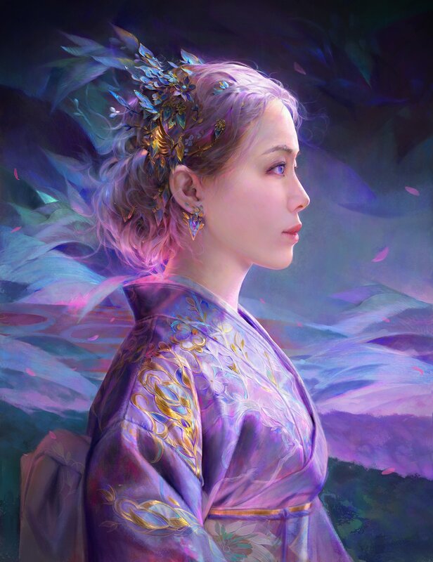 Woman in Purple Kimono — Serene, Digital Art