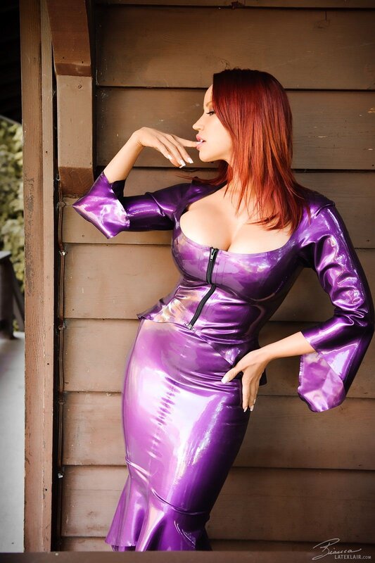 Woman in purple latex dress
