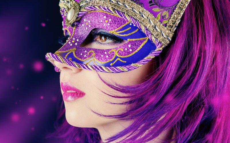 Woman in Purple Mask — Dramatic, Photograph