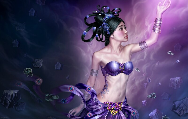 Woman in Purple Outfit — Dramatic, Digital Art, Jewelry, Ribbons, Floating Objects