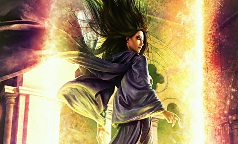 woman in purple robe casting spell
