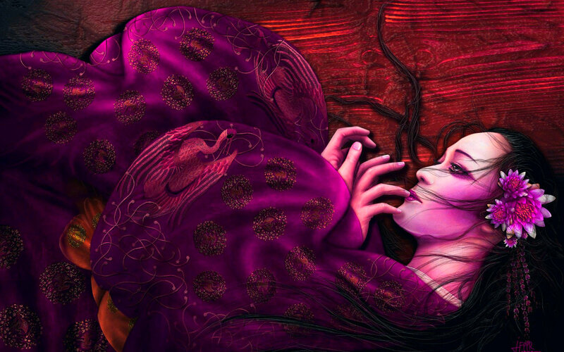 Woman in Purple Robe — Dramatic, Digital Art, Flowers