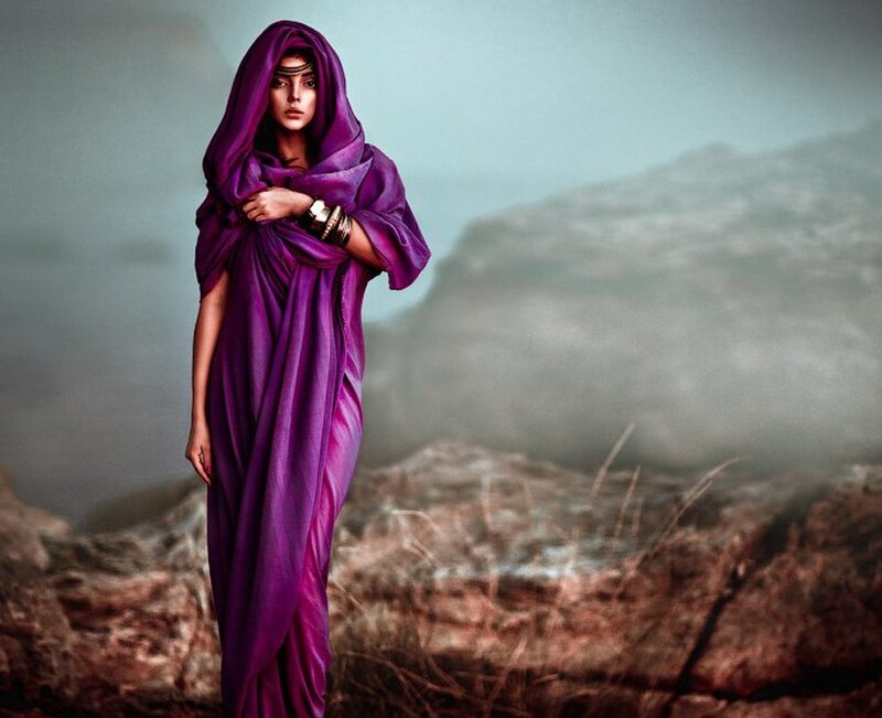Woman in Purple Robe — Dramatic, Photograph, Rocks