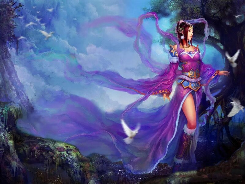 woman in purple robe with doves