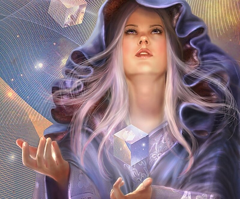 woman in purple robe with glowing cube