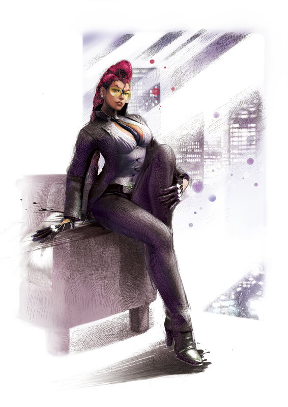 woman in purple suit sitting