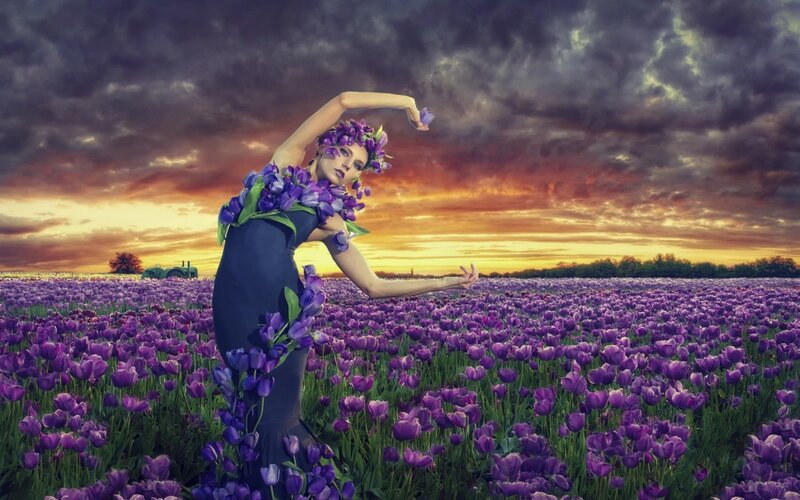 Woman in Purple Tulip Field — Dramatic
