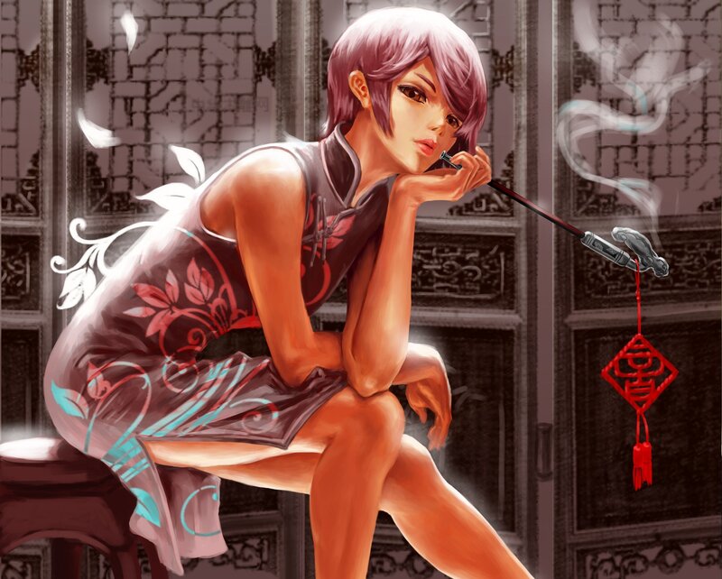 woman in qipao smoking pipe